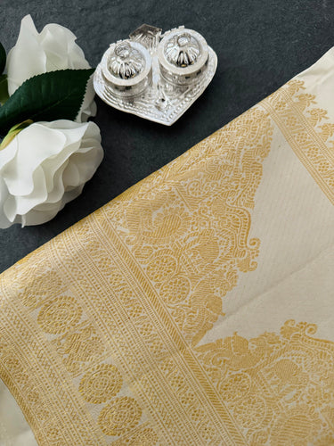 Exclusive Kanchipuram Pure Silk Saree | Off White | Ven Pattu | Pure Zari | Handwoven | Ships from California | Pushpam - ShopNaya Exclusive